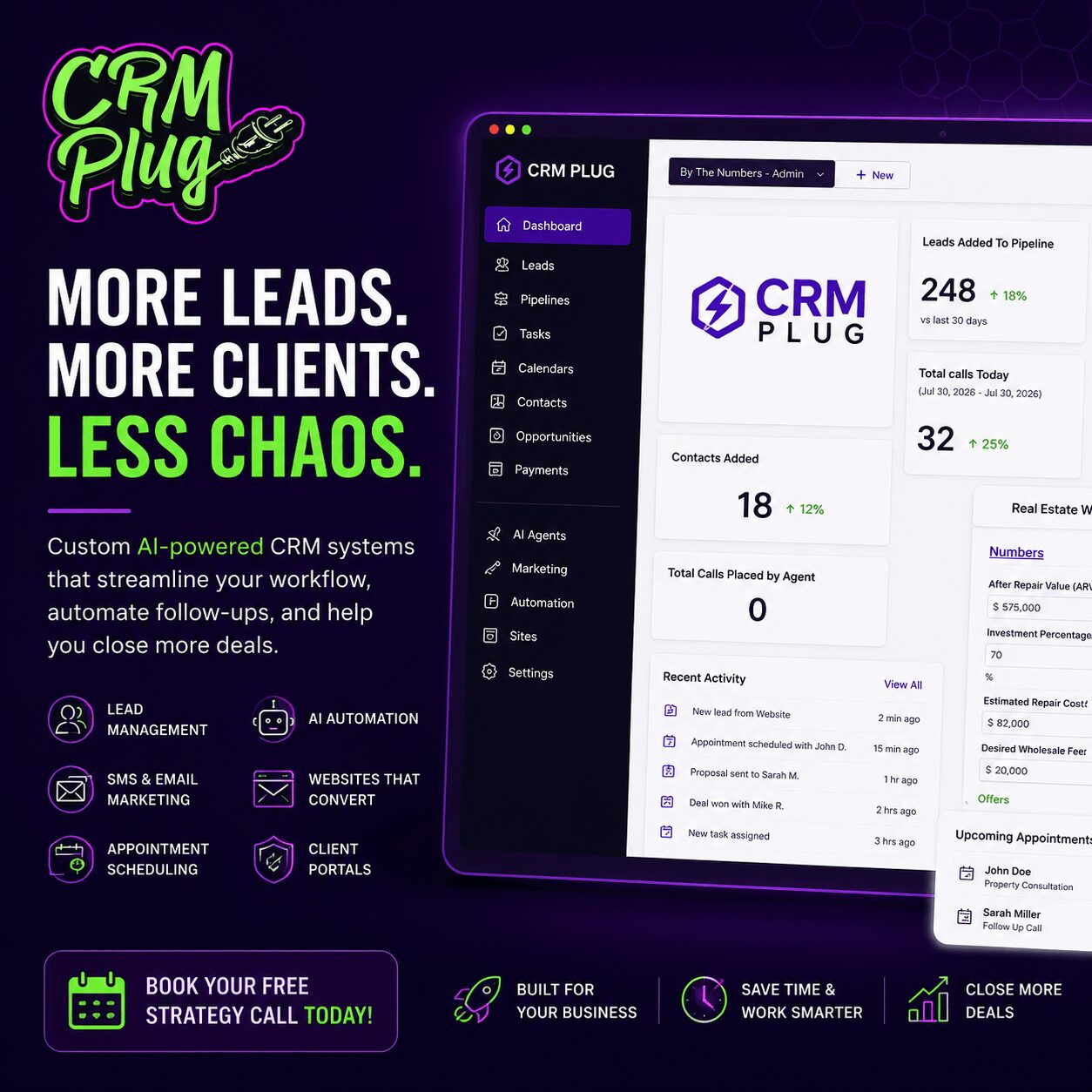 Advertisement for CRM Plug software showing dashboard and features, with text about leads, clients, and automation, on a purple background.