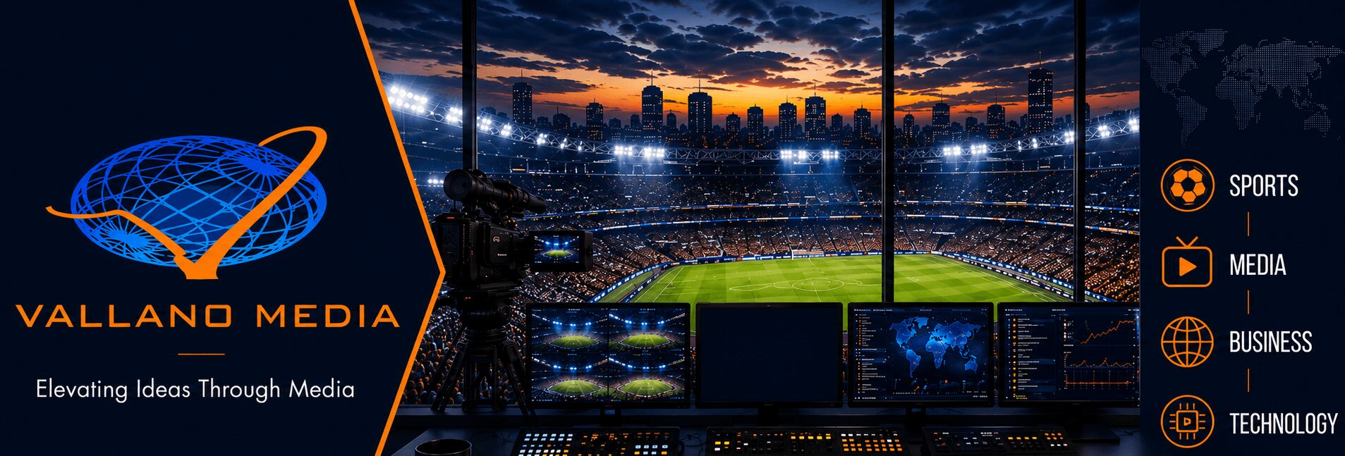 Logo of Vallando Media, a stadium with a view of the field and city skyline at sunset, icons for sports, media, business, technology.