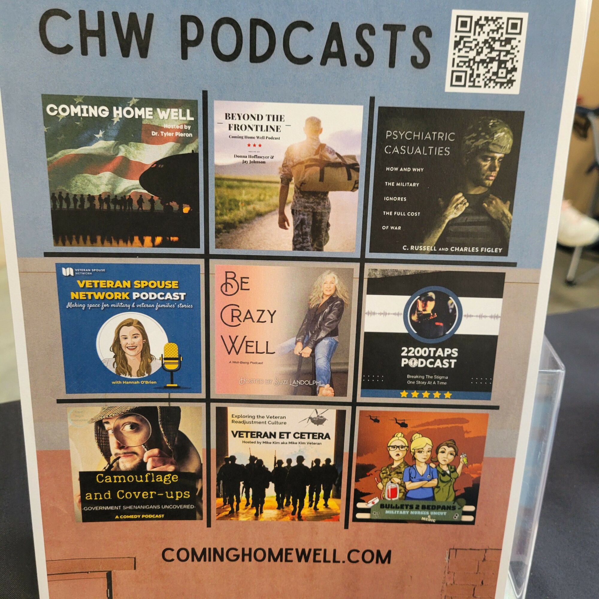 Display board with various podcast covers and a website URL, promoting CHW podcasts and related content.