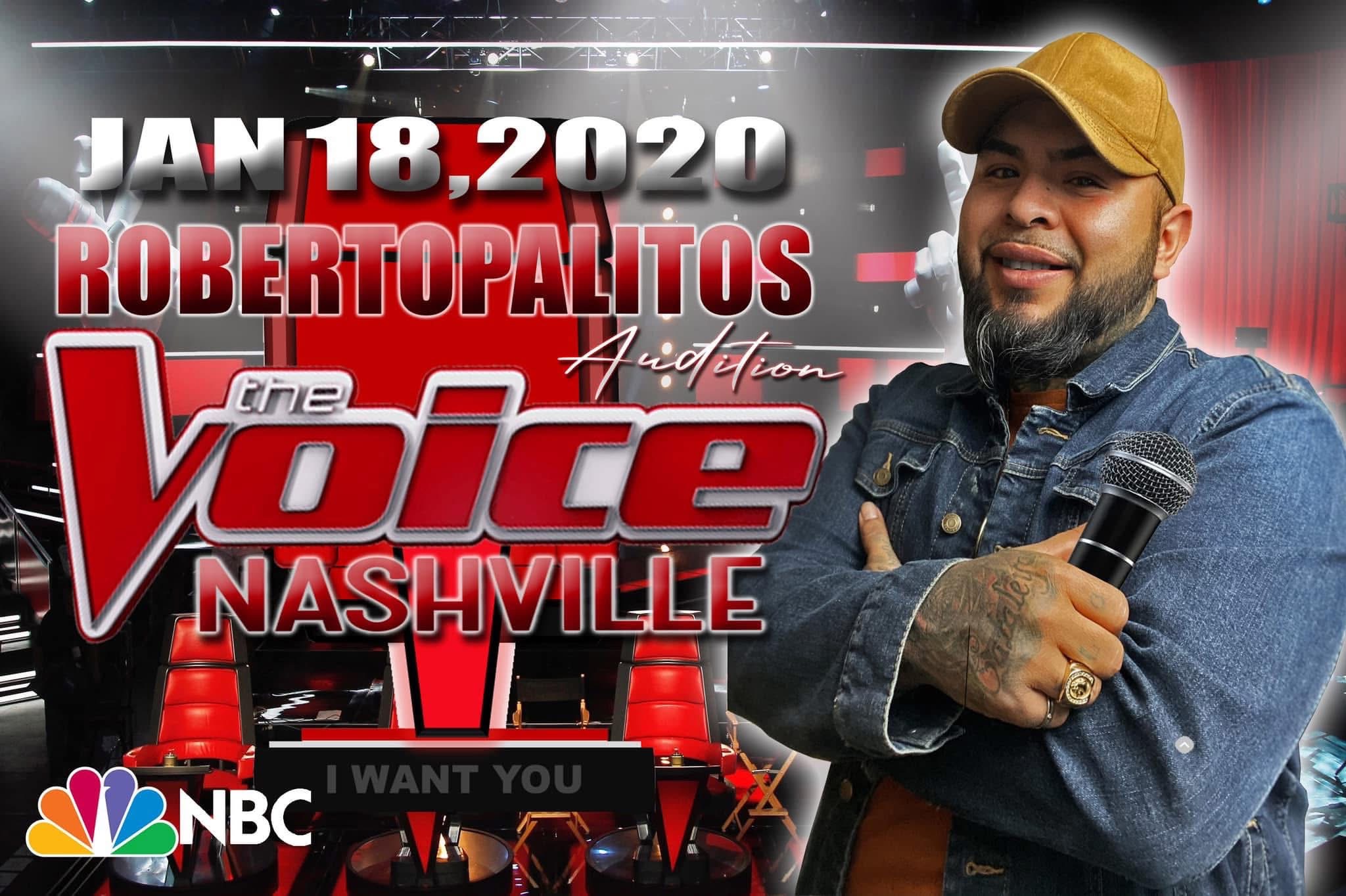 Man in a yellow cap holding a microphone, smiling, with event details for Nashville Voice competition on January 18, 2020.