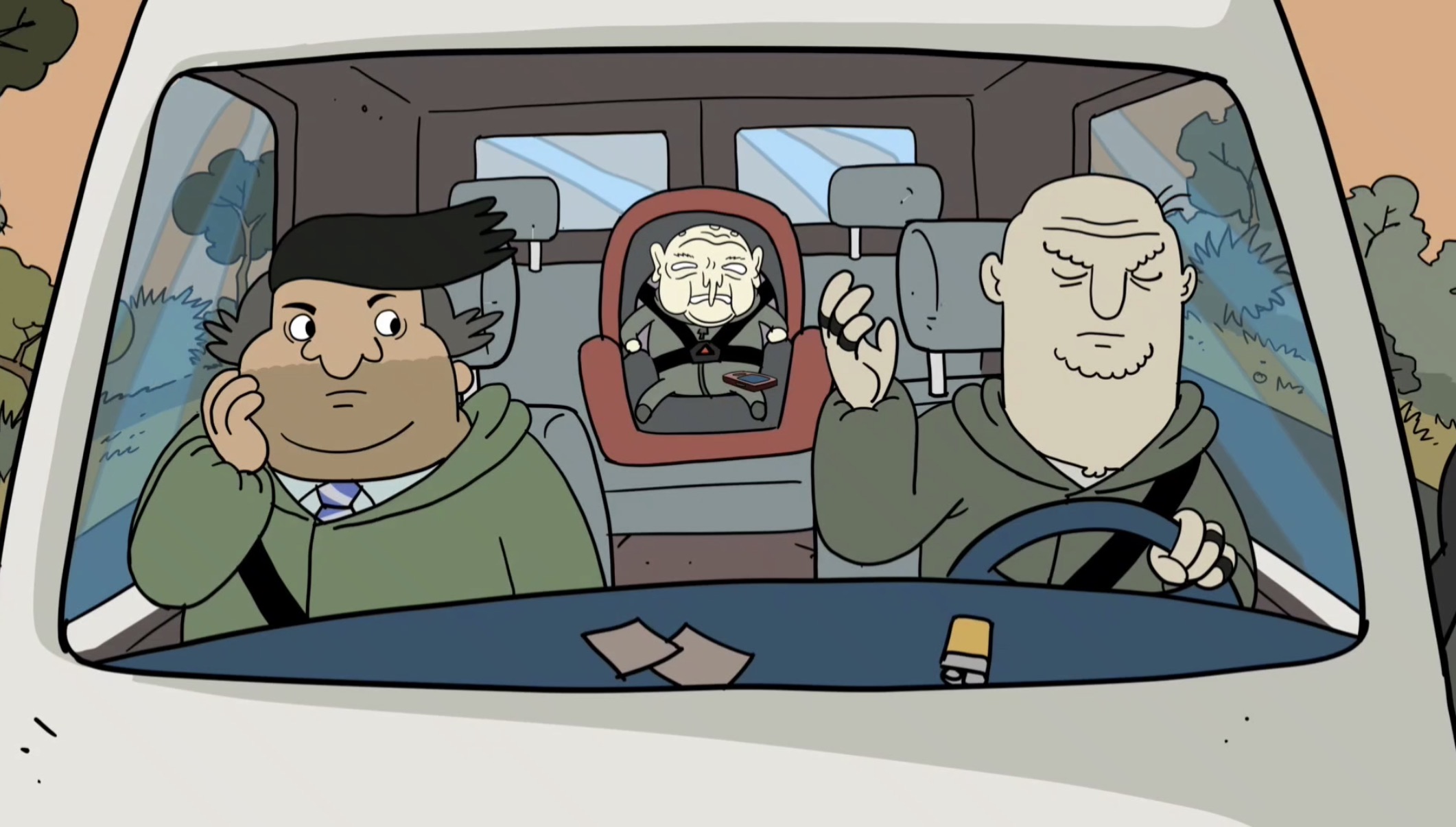 Three characters inside a car: a person on the left, a person on the right driving, and a small character in a child seat in the middle.