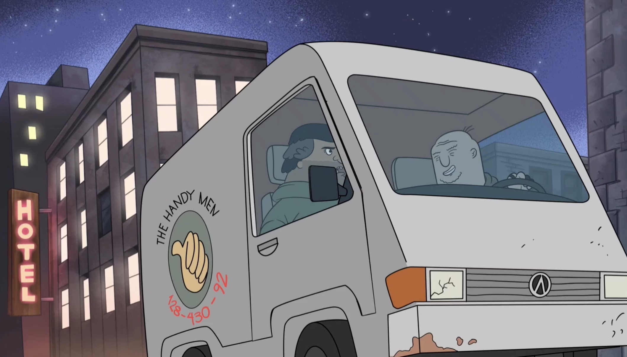 A cartoon truck with a logo on the side, driving through a city at night with tall buildings and a starry sky.