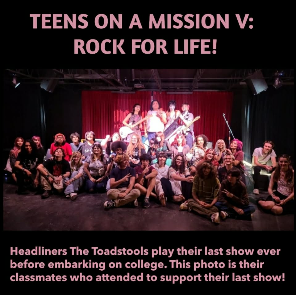 Group of teenagers on stage with musical instruments, some sitting and some standing, in front of a red curtain. Text above and below.