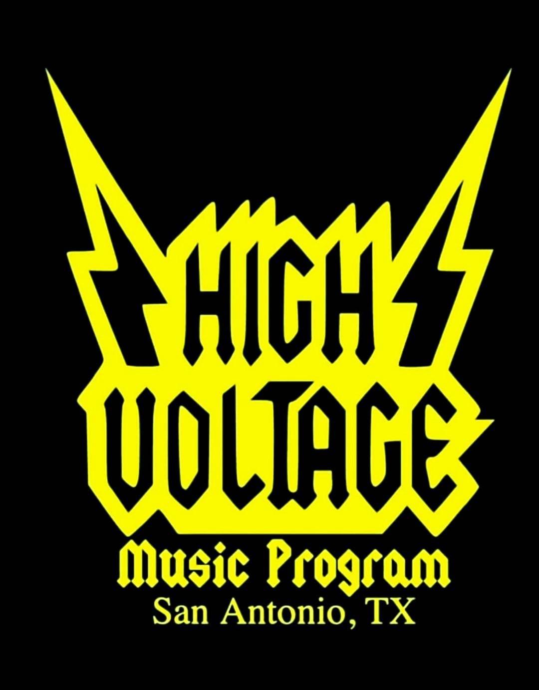 Logo with yellow lightning bolts and text reading 'High Voltage Music Program San Antonio, TX' on black background.