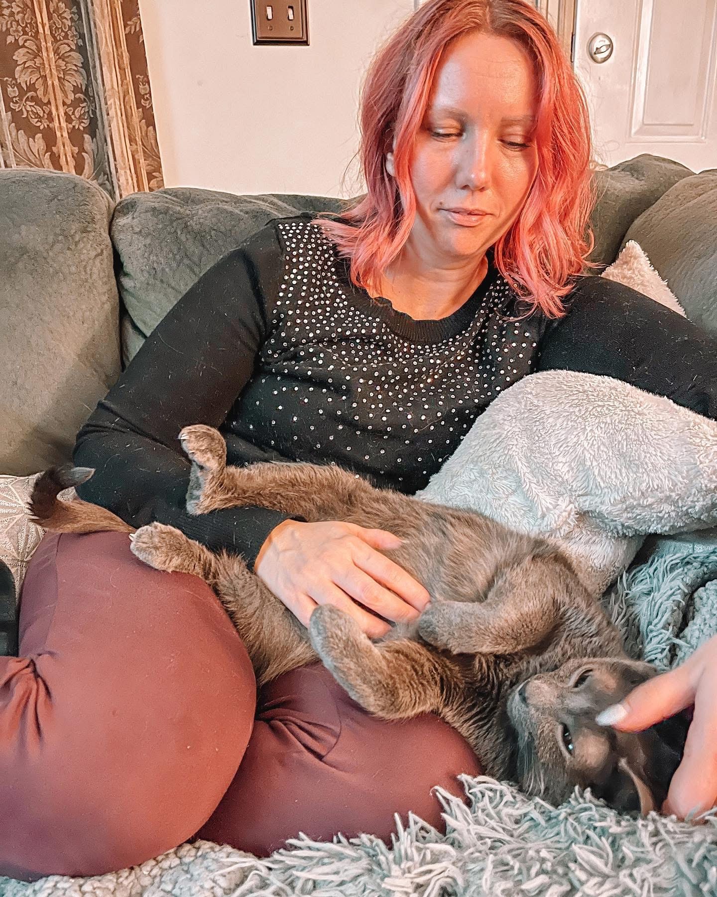 Woman with pink hair sitting on a couch, holding a gray cat lying on her lap, with a hand reaching towards the cat.