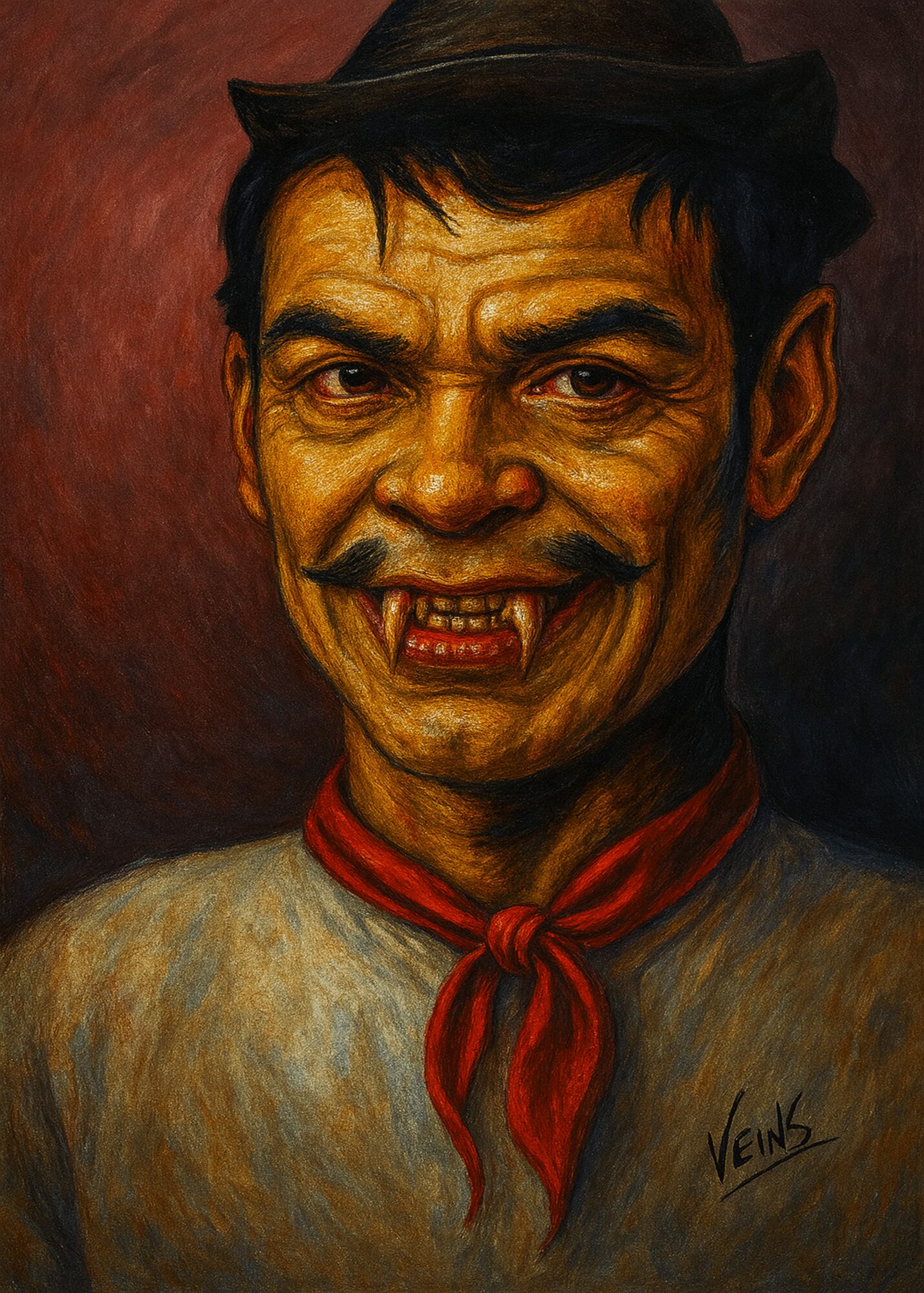 Portrait of a man with exaggerated facial features, wearing a hat and red neckerchief, smiling with missing teeth.