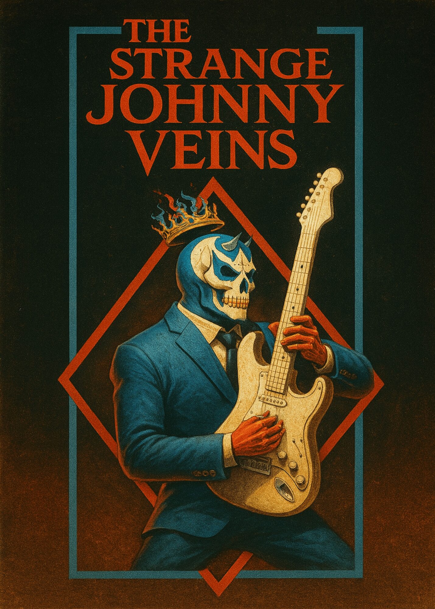 A skeleton wearing a suit and crown, playing an electric guitar, with text 'The Strange Johnny Veins' above.