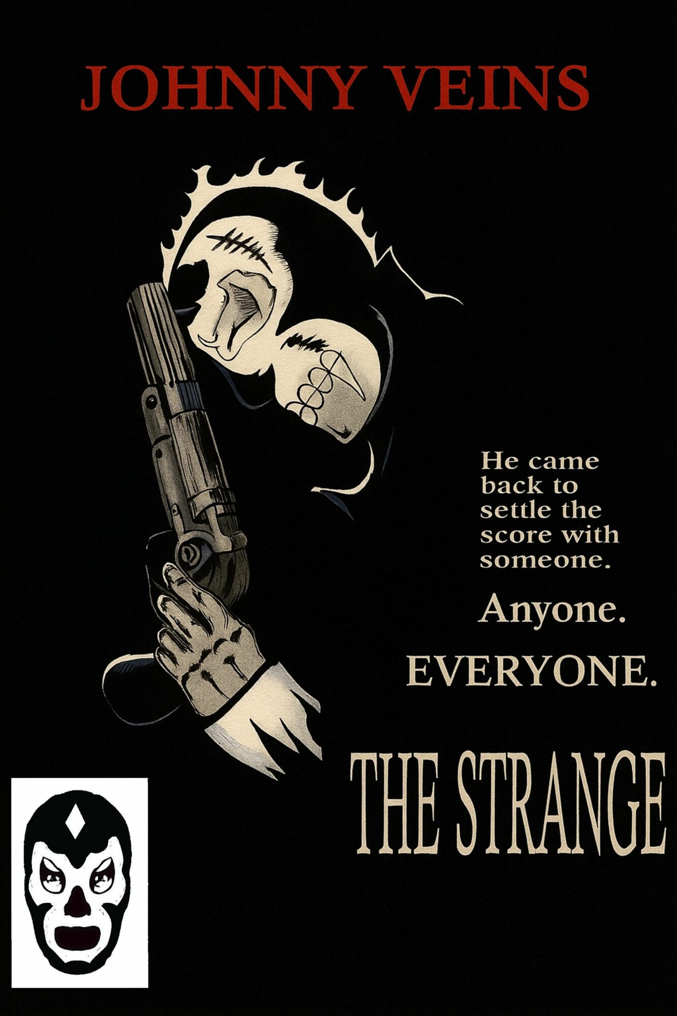 A poster with a black background features a skull with long hair, holding a gun, and text about Johnny Veins and a story.