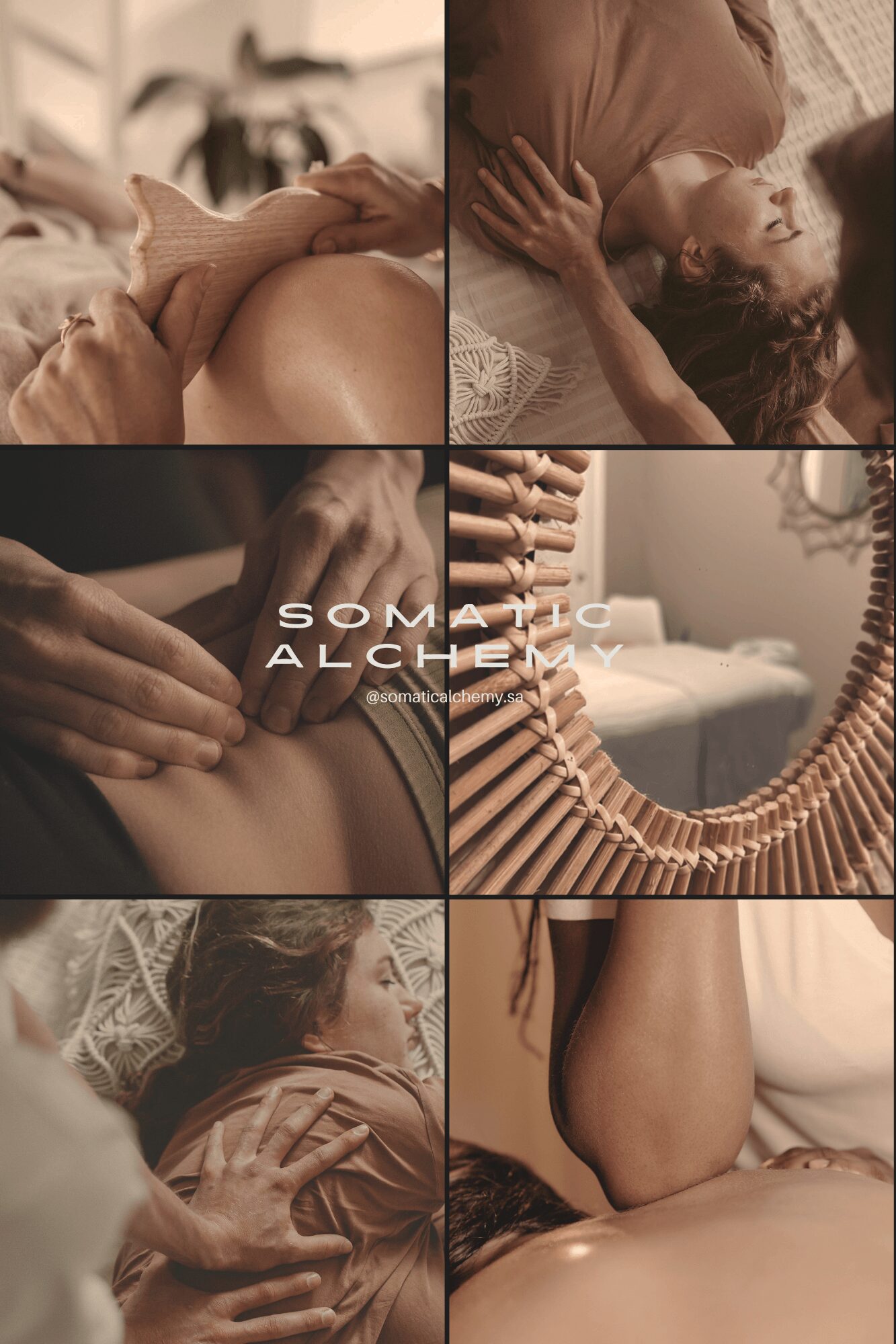 Collage of six images showing people in intimate and relaxed settings, including touching and resting. Word 'SOMATIC ALCHEMY' appears in one image.