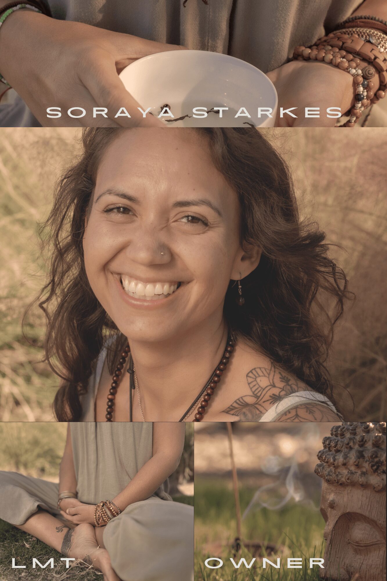 Smiling woman outdoors with curly hair, wearing jewelry, with text overlay including 'SORAYA STARKES', 'LMT', and 'OWNER'.
