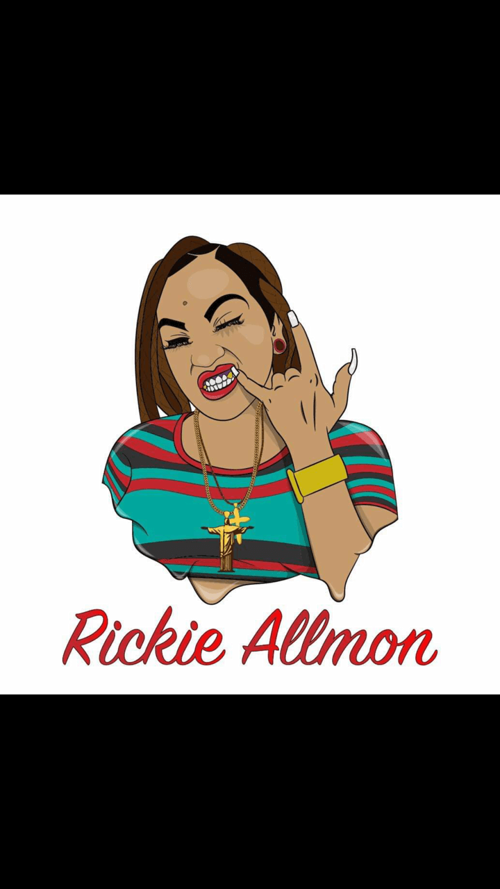 Illustration of a woman with brown hair making a rock sign with her hand, wearing colorful striped shirt and jewelry, with name Rickie Allmon.