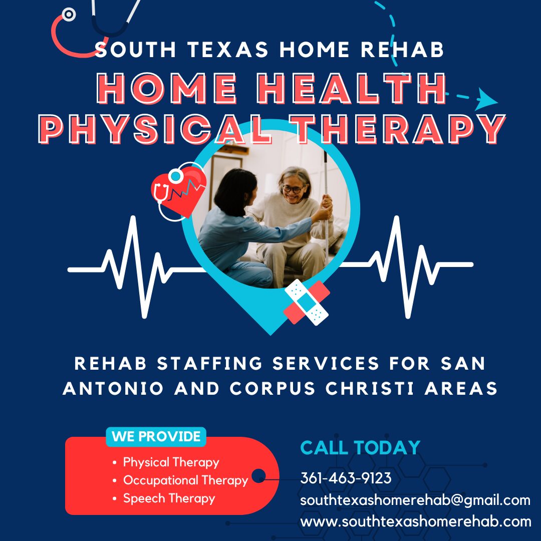 A healthcare professional assists an elderly person in physical therapy, with medical icons and text about rehab services.