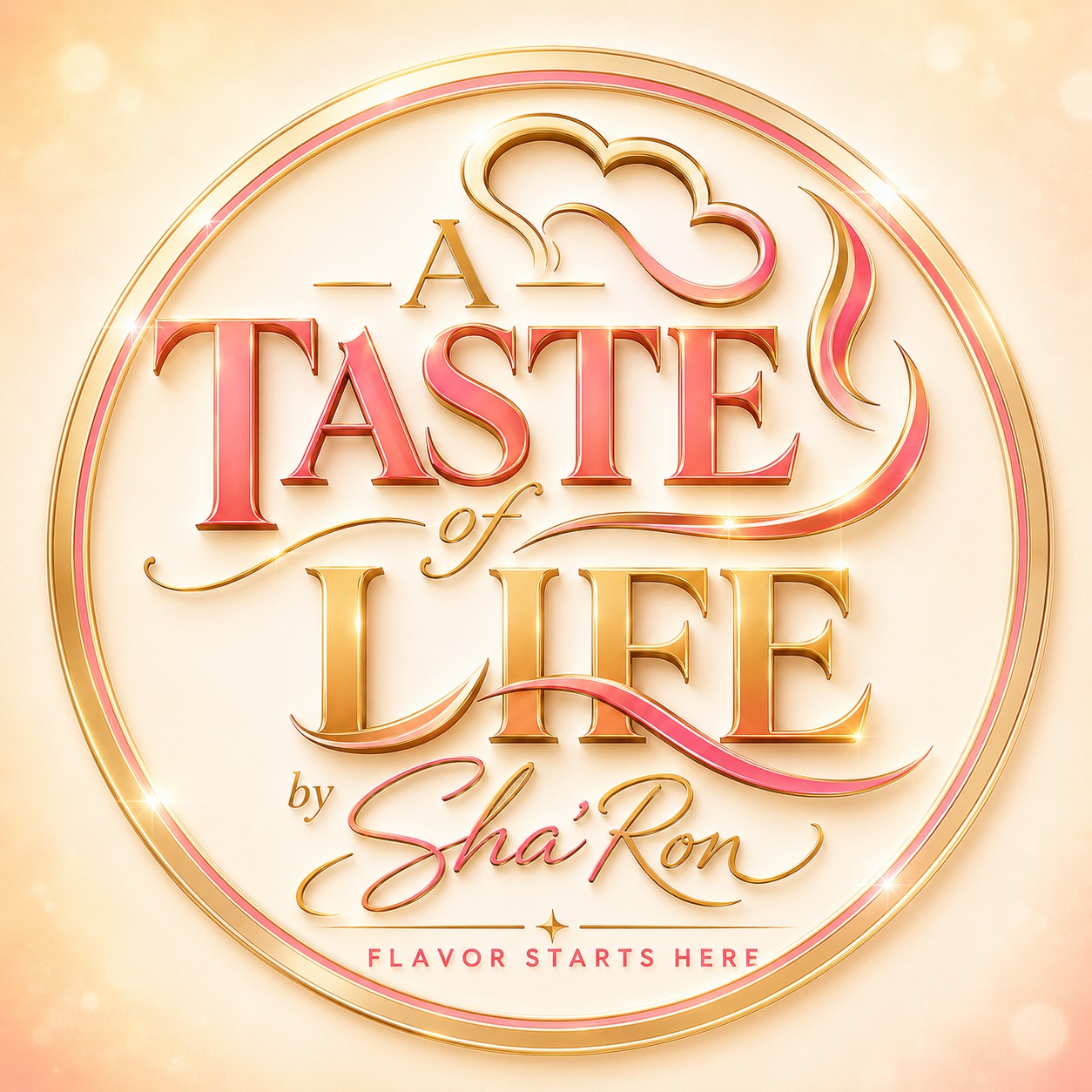 Circular logo with text 'A Taste of Lee by Sha'Ron' and a cloud outline, on a soft pink and gold background.