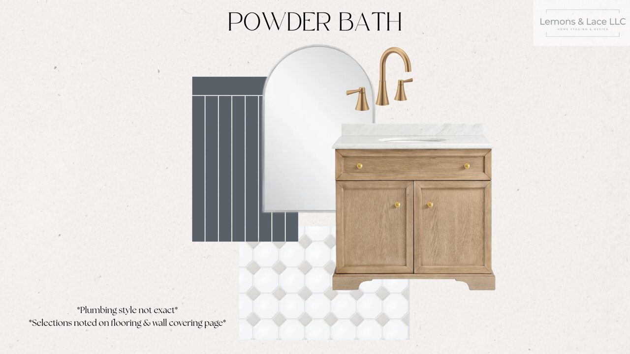 Powder bath design with a wooden vanity, mirror, and patterned floor tiles, with text 'POWDER BATH' at top.