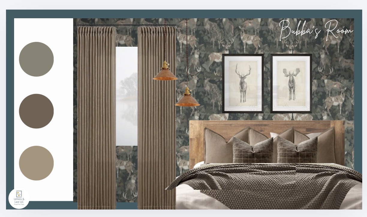 Bedroom with floral wallpaper, framed deer art, bed with tufted headboard, curtains, and hanging pendant lights, neutral color palette.