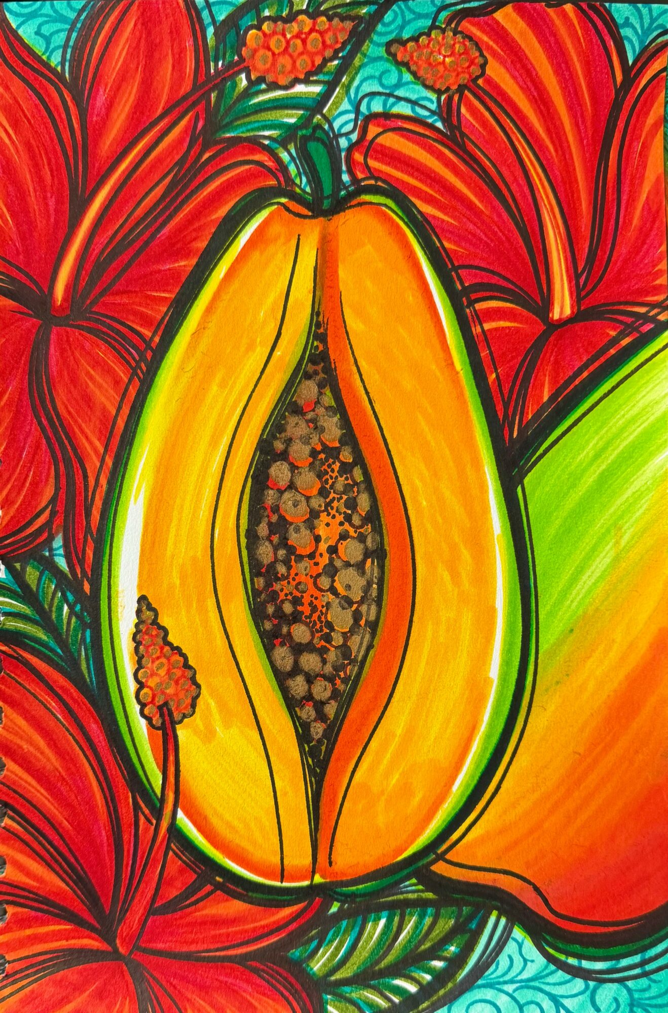 A colorful abstract image of a yellow and orange fruit with a dark center, surrounded by red and green floral patterns.
