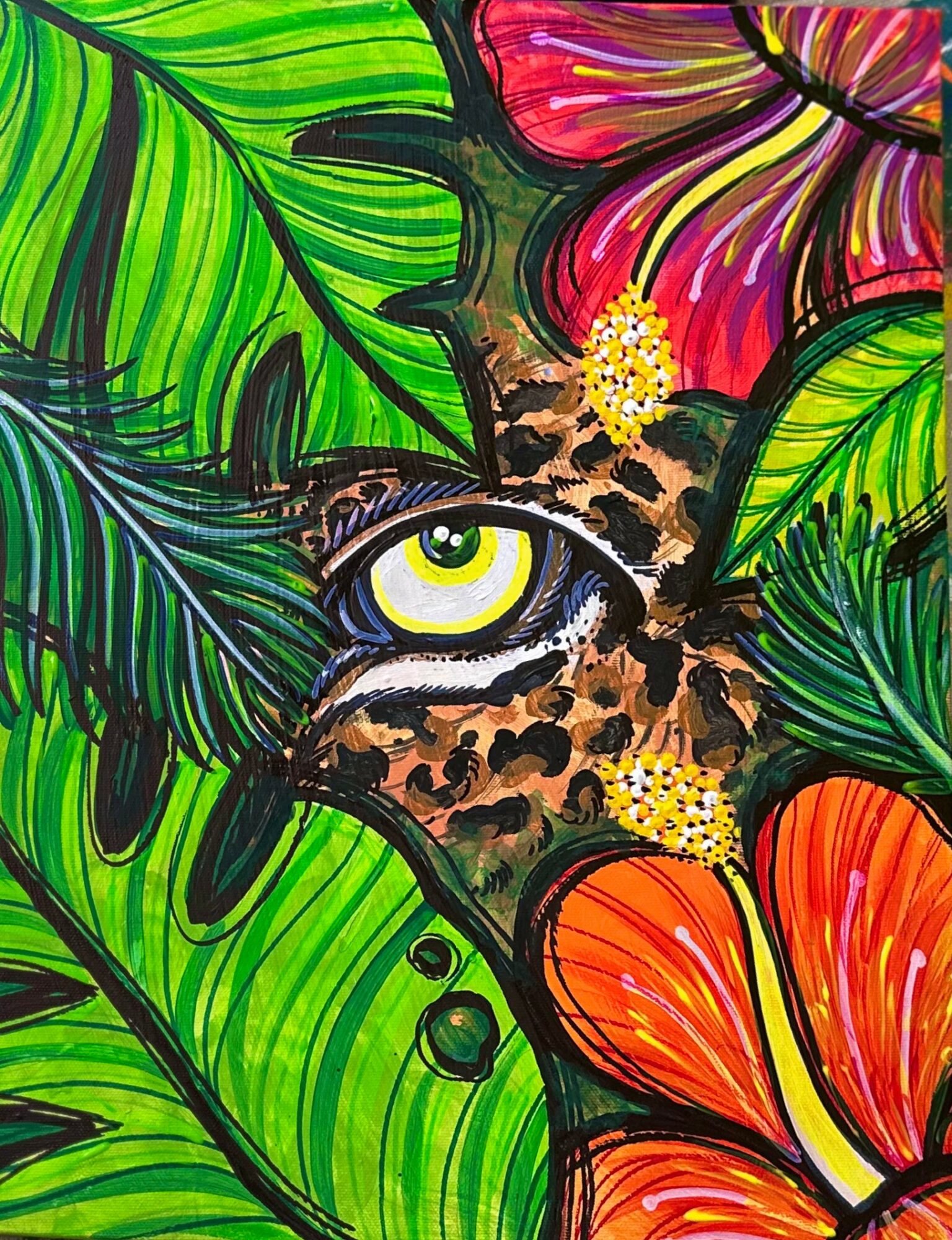 Colorful painting of a leopard's face surrounded by large green leaves and vibrant flowers, with one eye visible.