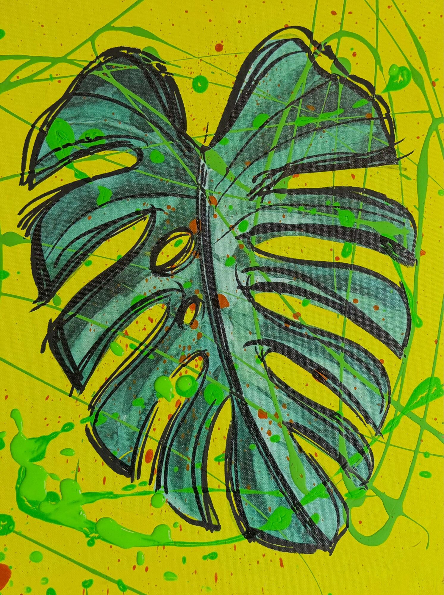 Large green monstera leaf with dark outlines on a yellow background with green splatters and lines.
