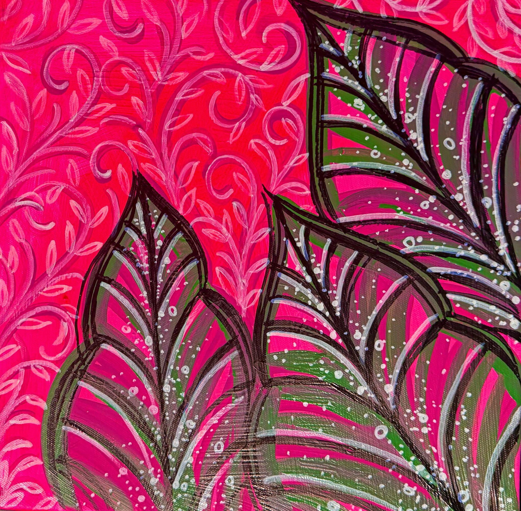 Close-up of colorful leaves with pink, green, and black patterns on a pink background with swirling designs.