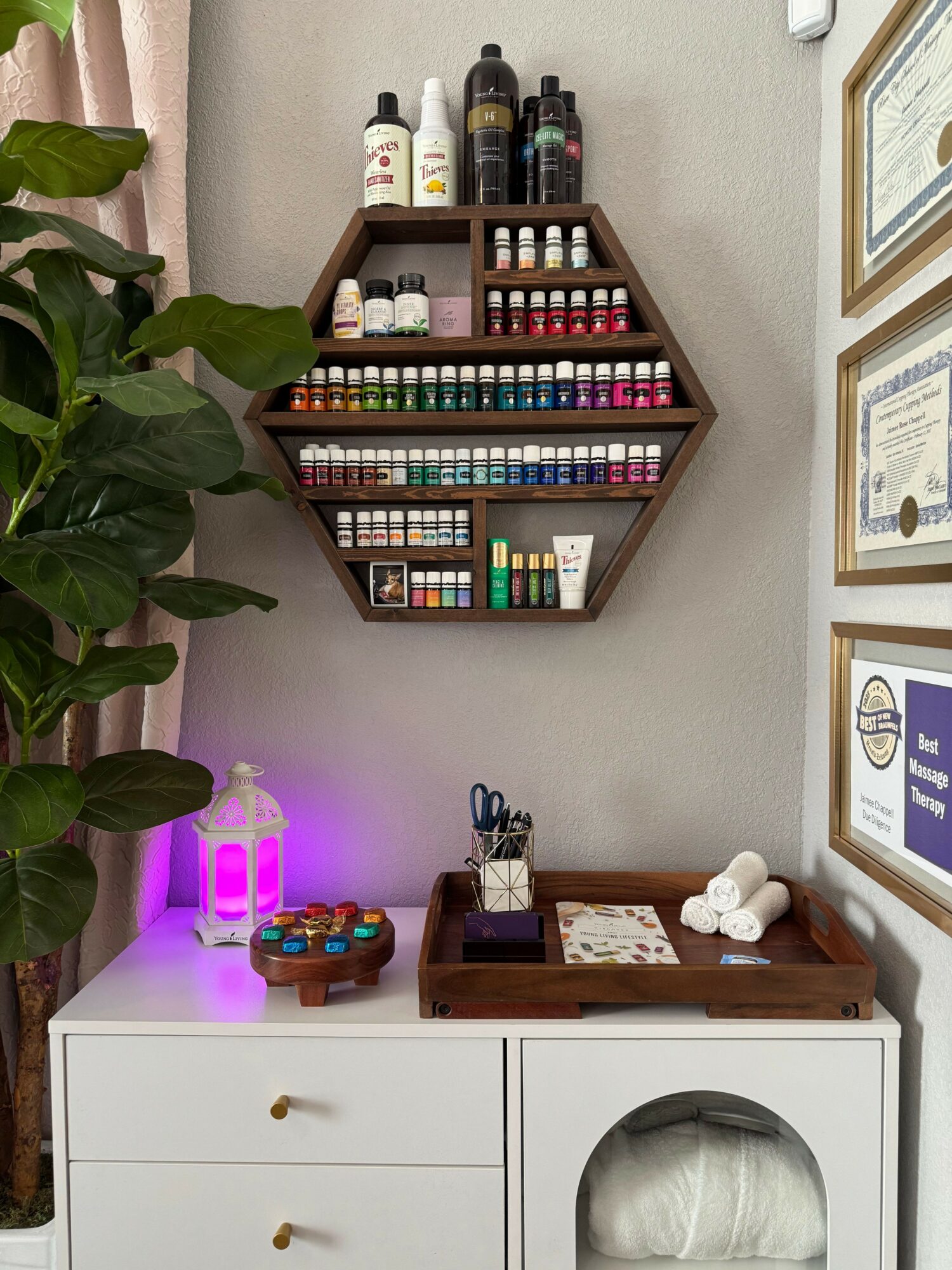 Nail polish display shelf with various colors, a plant, and a white cabinet with a purple light, scissors, and decorative items.