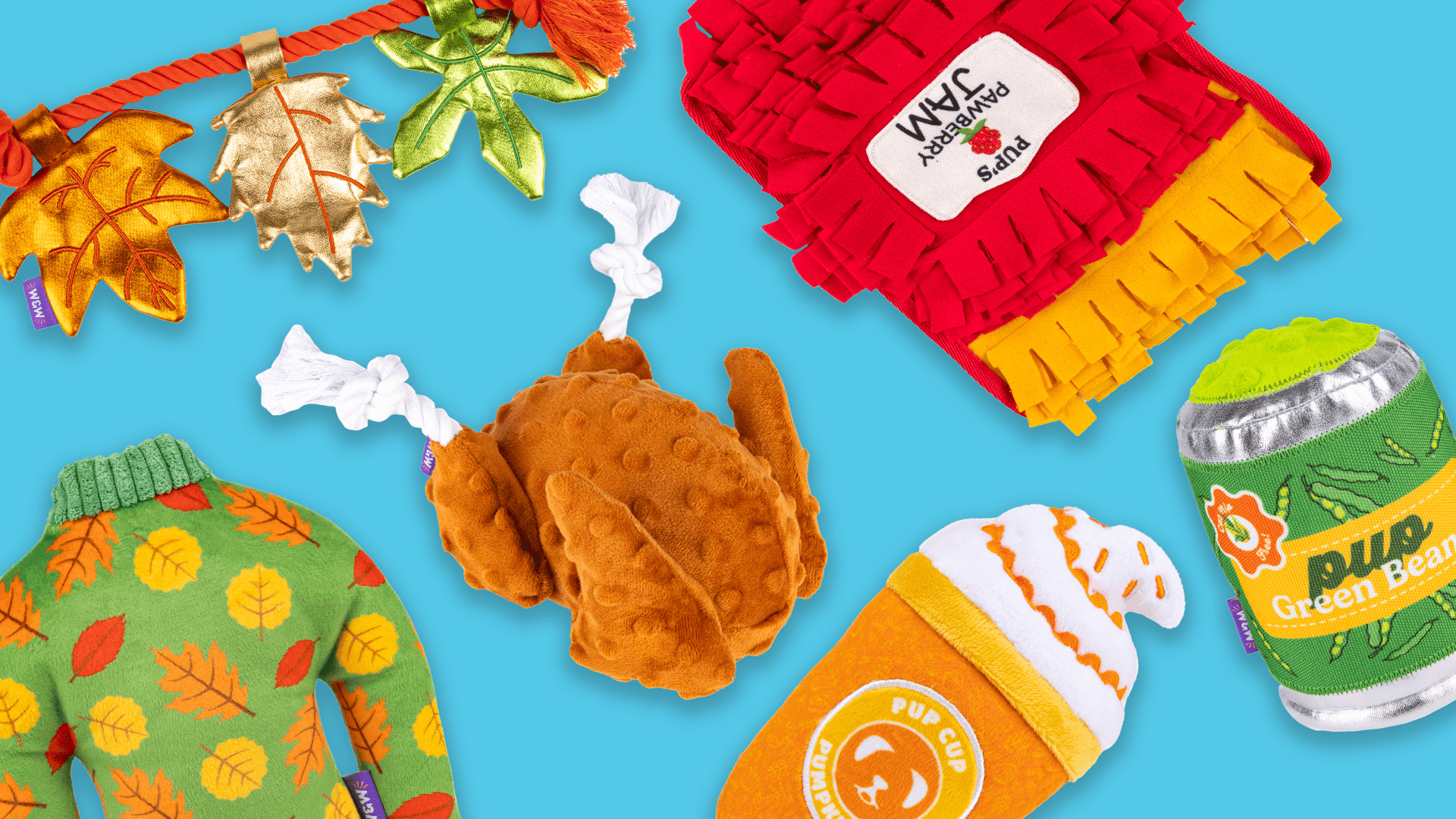 Colorful assortment of plush toys, clothing, and a drink container on a blue background.