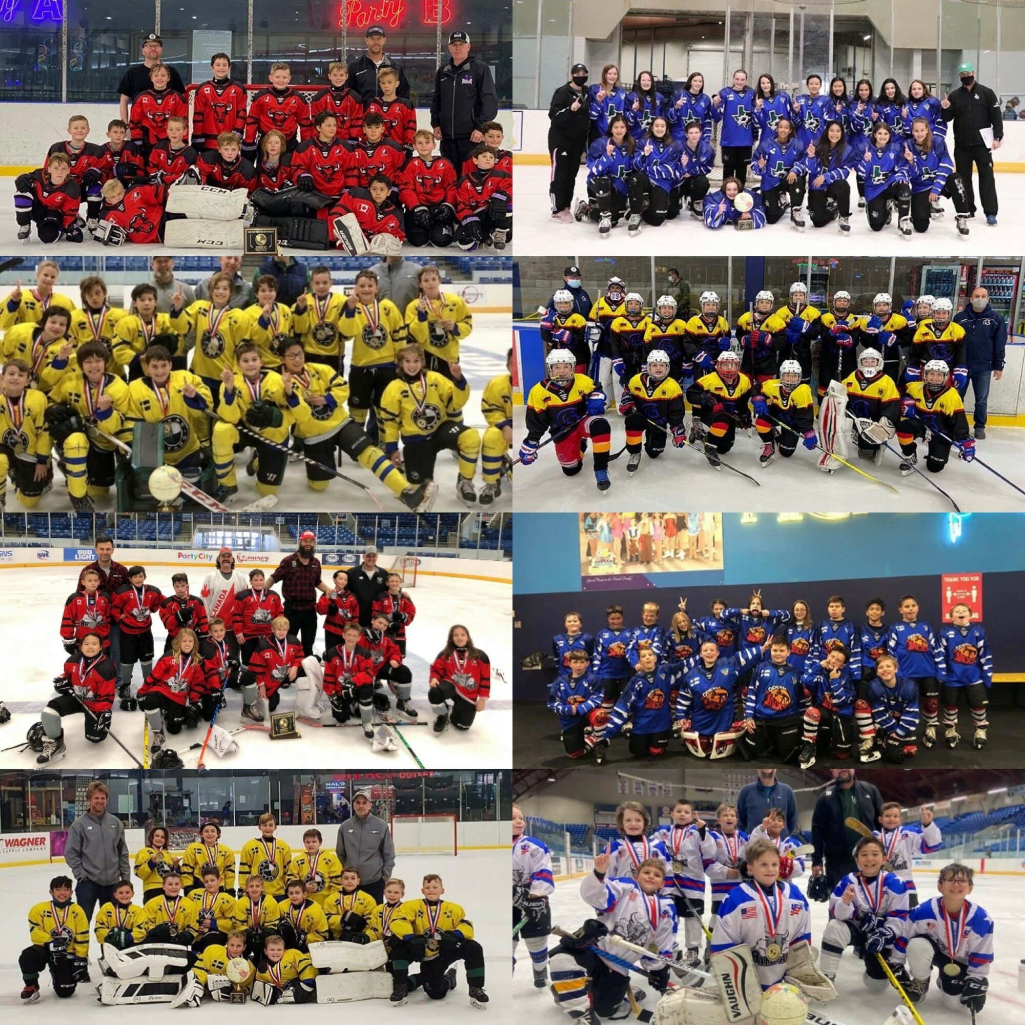 Group of young ice hockey players in team uniforms, posing on ice rink with coaches and fans, in four different team photos.