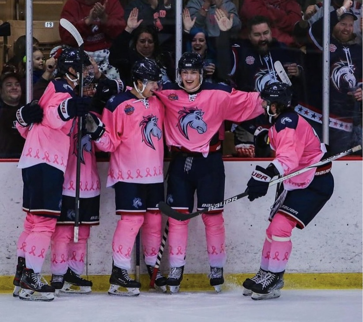 Hockey players in pink jerseys celebrate on the ice with fans in the background.