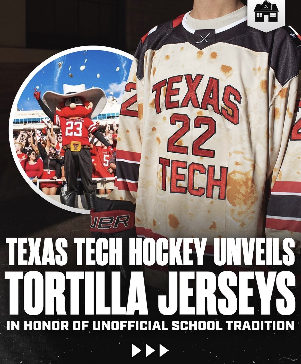 Close-up of a Texas Tech hockey jersey with the number 22, dirt stains, and a person in a red jersey in the background holding a trophy, celebrating. Text overlay mentions unveiling tortilla jerseys in honor of school tradition.