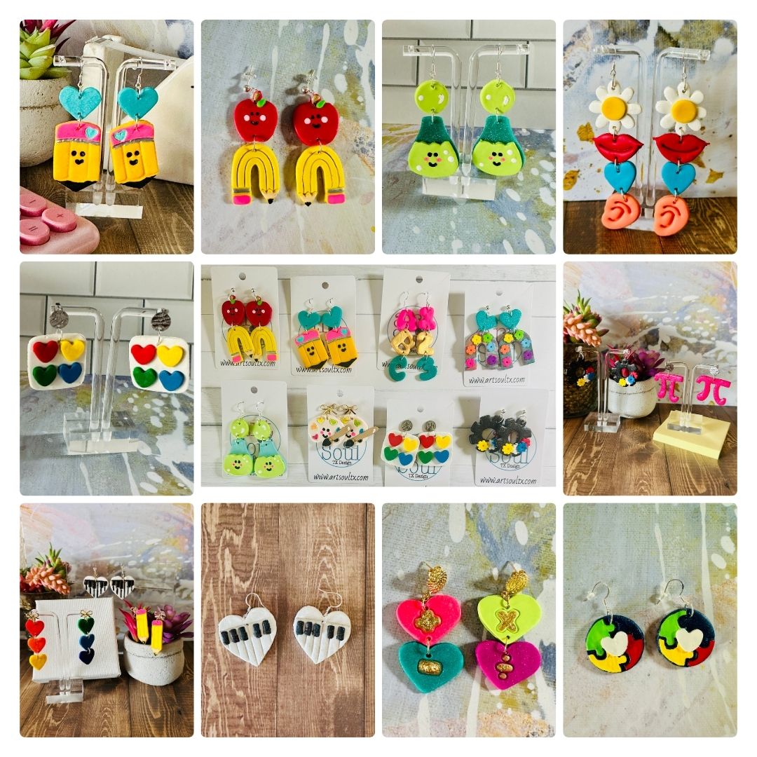 Collection of colorful handmade earrings displayed on various surfaces, featuring hearts, fruits, flowers, and abstract designs.