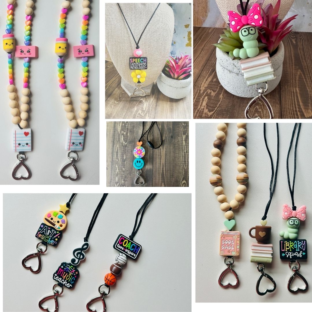 Collection of colorful beaded and pendant necklaces with various charms and designs, displayed on different backgrounds.