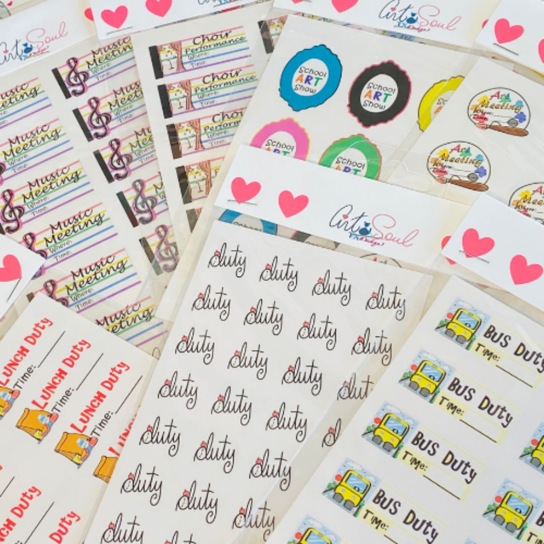 Multiple sheets of colorful stickers and labels with various designs and texts, arranged overlapping each other.