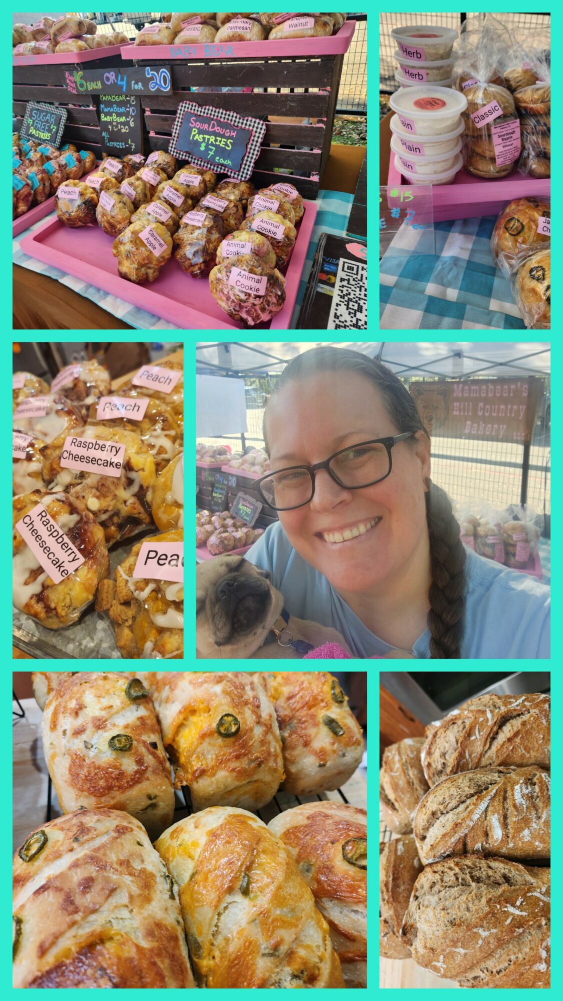 Display of baked goods, a woman smiling outdoors, and a close-up of pastries on a table.