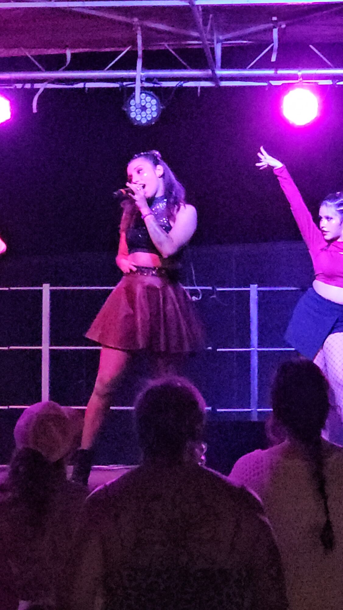Two performers on stage, one singing into a microphone and the other dancing, with audience in foreground.