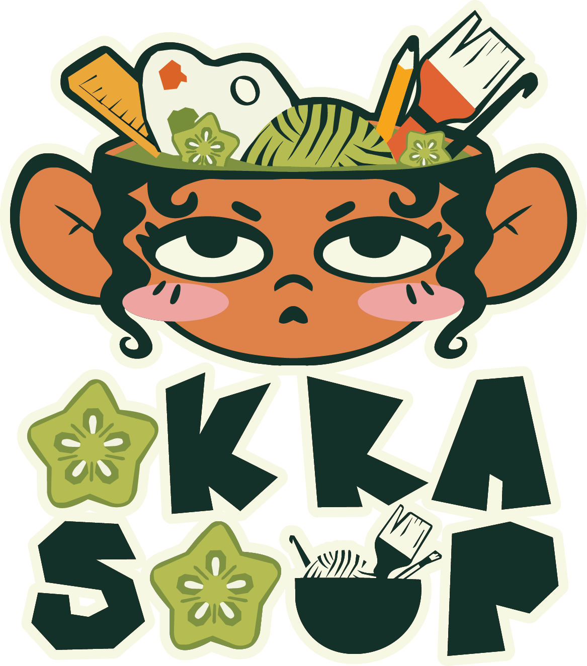 Cartoon character with a bowl of food on head, large eyes, and pink cheeks, with the words 'KLA SOUP' below, and green flower shapes.