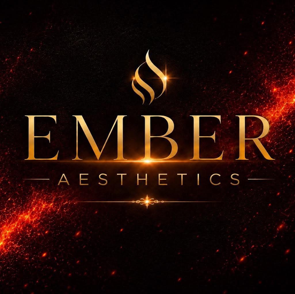 Logo with a flame symbol above the word 'EMBER' and 'AESTHETICS' below, set against a dark, fiery background.