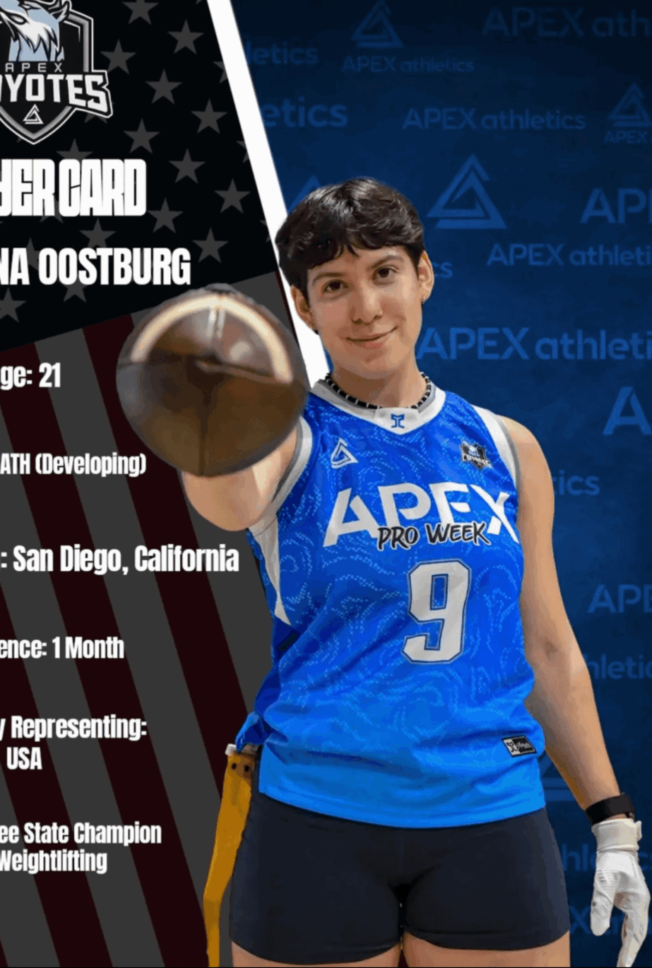 Young female volleyball player in blue uniform holding a volleyball, standing against a blue background with text and logos.