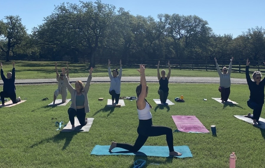 Group of people practicing yoga outdoors on grass, with trees and blue sky in background.