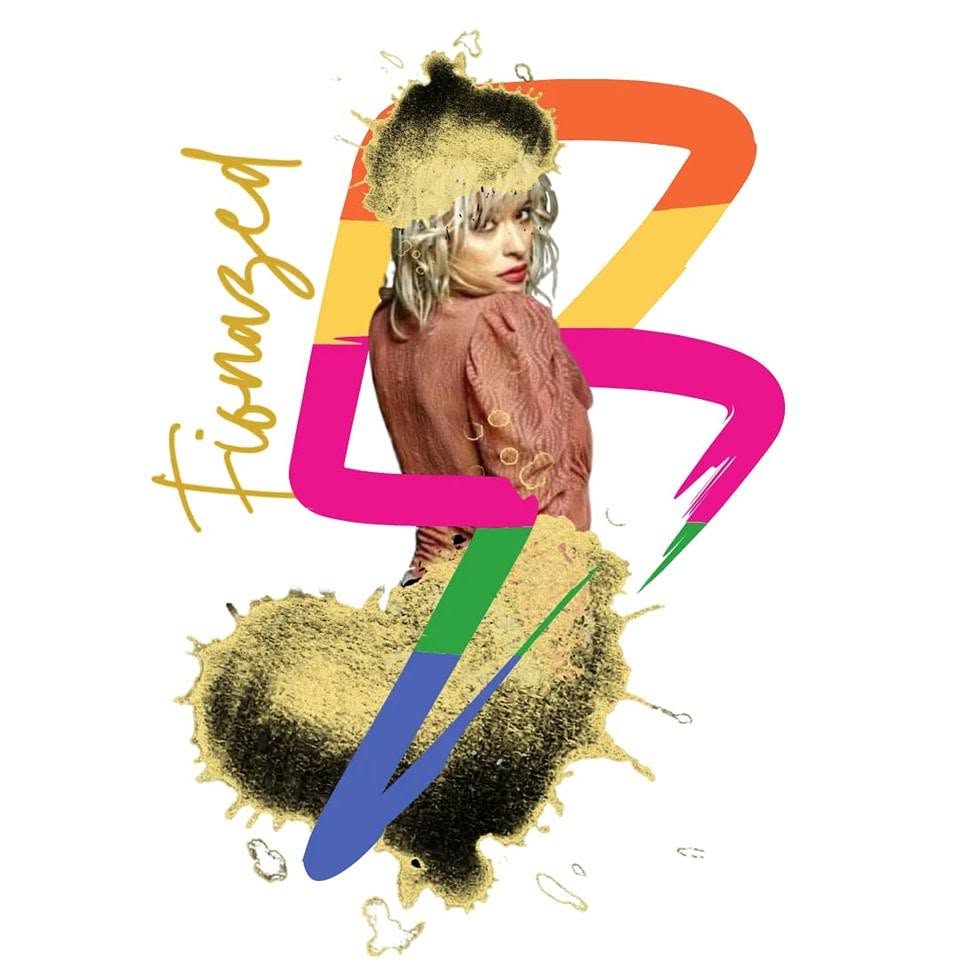 A woman with blonde hair and a brown top, with colorful abstract shapes and the word 'famous' in yellow cursive.