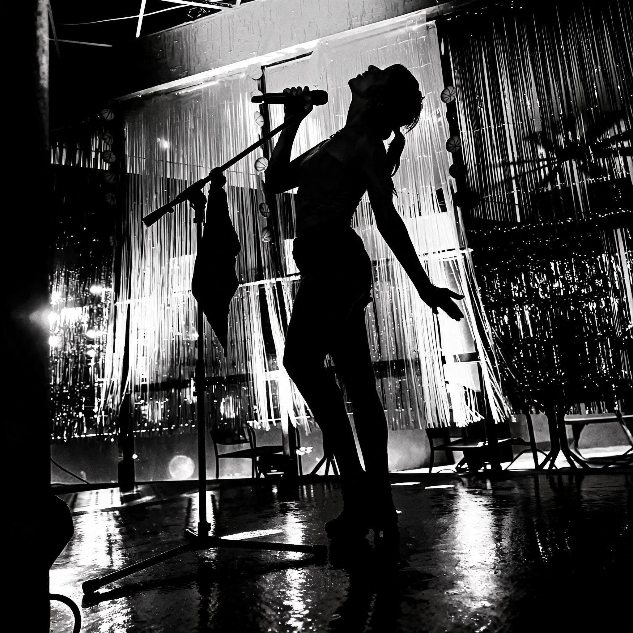 Silhouette of a person holding a microphone stand, standing on a stage with curtains and lights in the background.