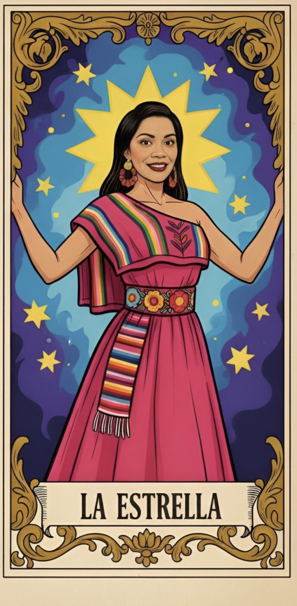 Woman in colorful dress with arms raised, surrounded by stars and a bright background, labeled 'La Estrella'.