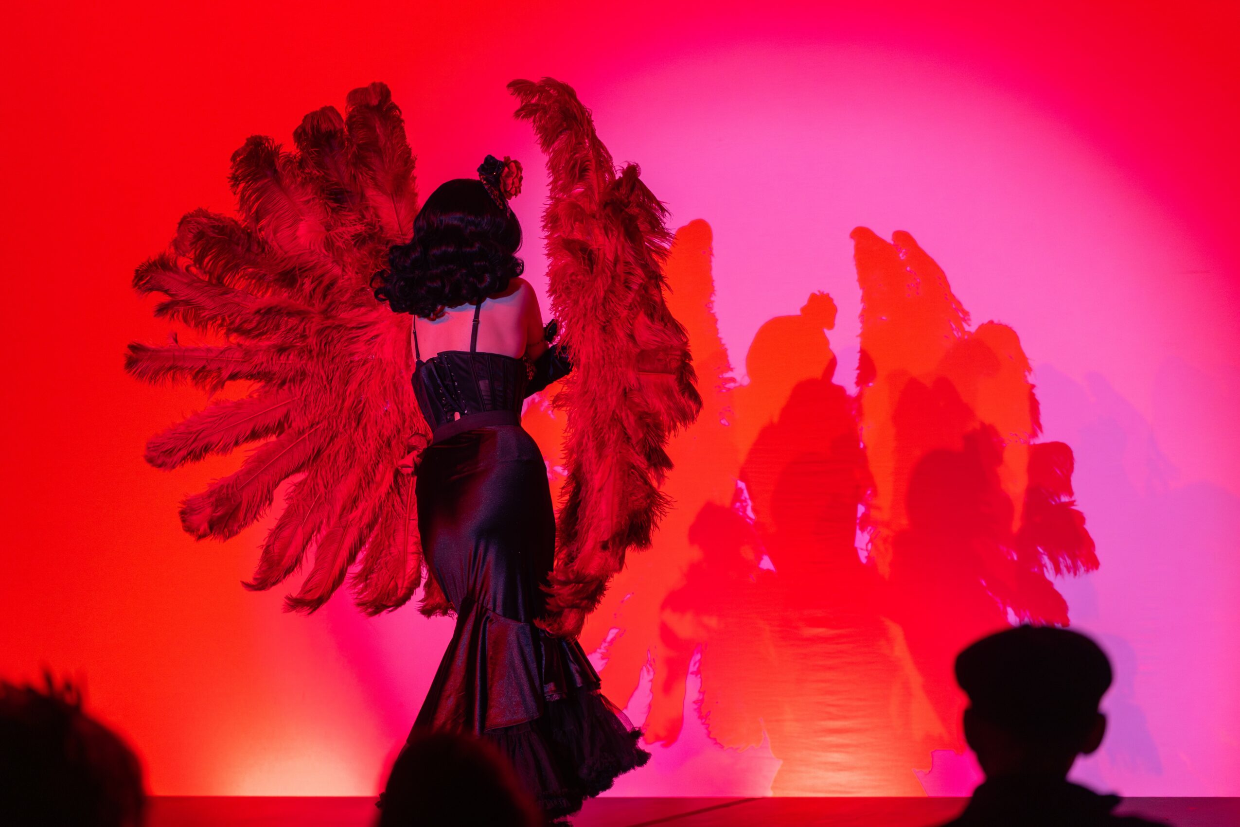 Person in costume with large feathered wings on stage, pink and red background, shadowed audience in foreground.