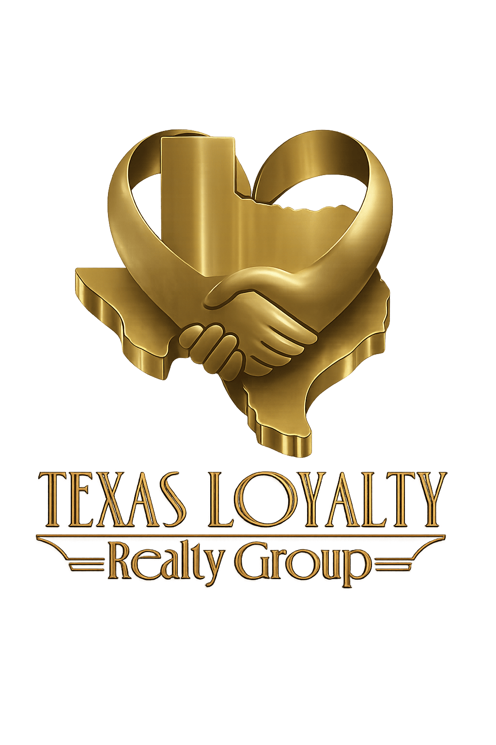 Gold heart-shaped handshake with Texas outline and text 'Texas Loyalty Really Group' on black background.