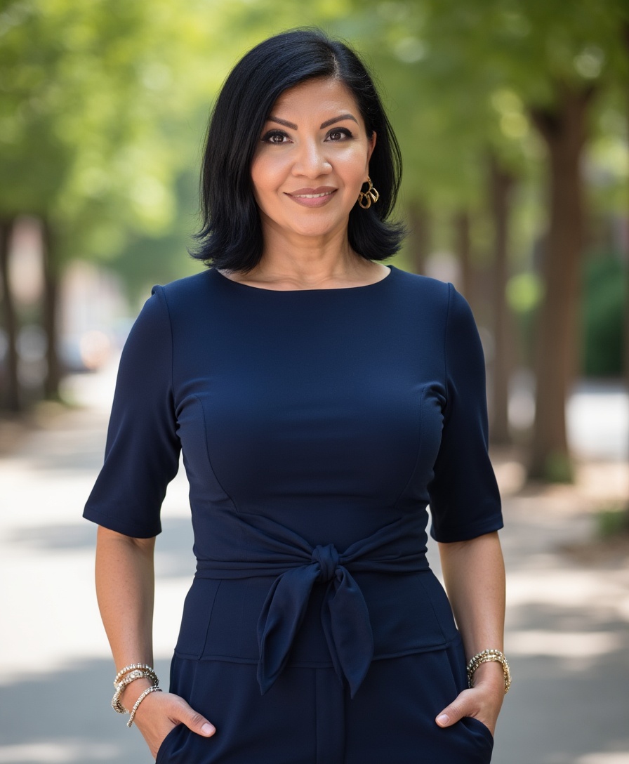 Woman with shoulder-length black hair wearing a navy blue dress with a tied waist, standing outdoors with trees in background.