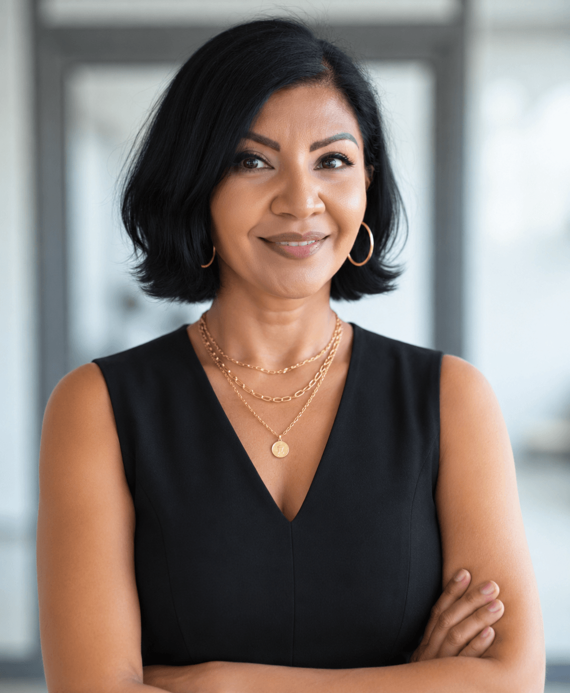 Woman with shoulder-length black hair, wearing a black sleeveless top, gold jewelry, smiling, arms crossed, indoors with windows in background.