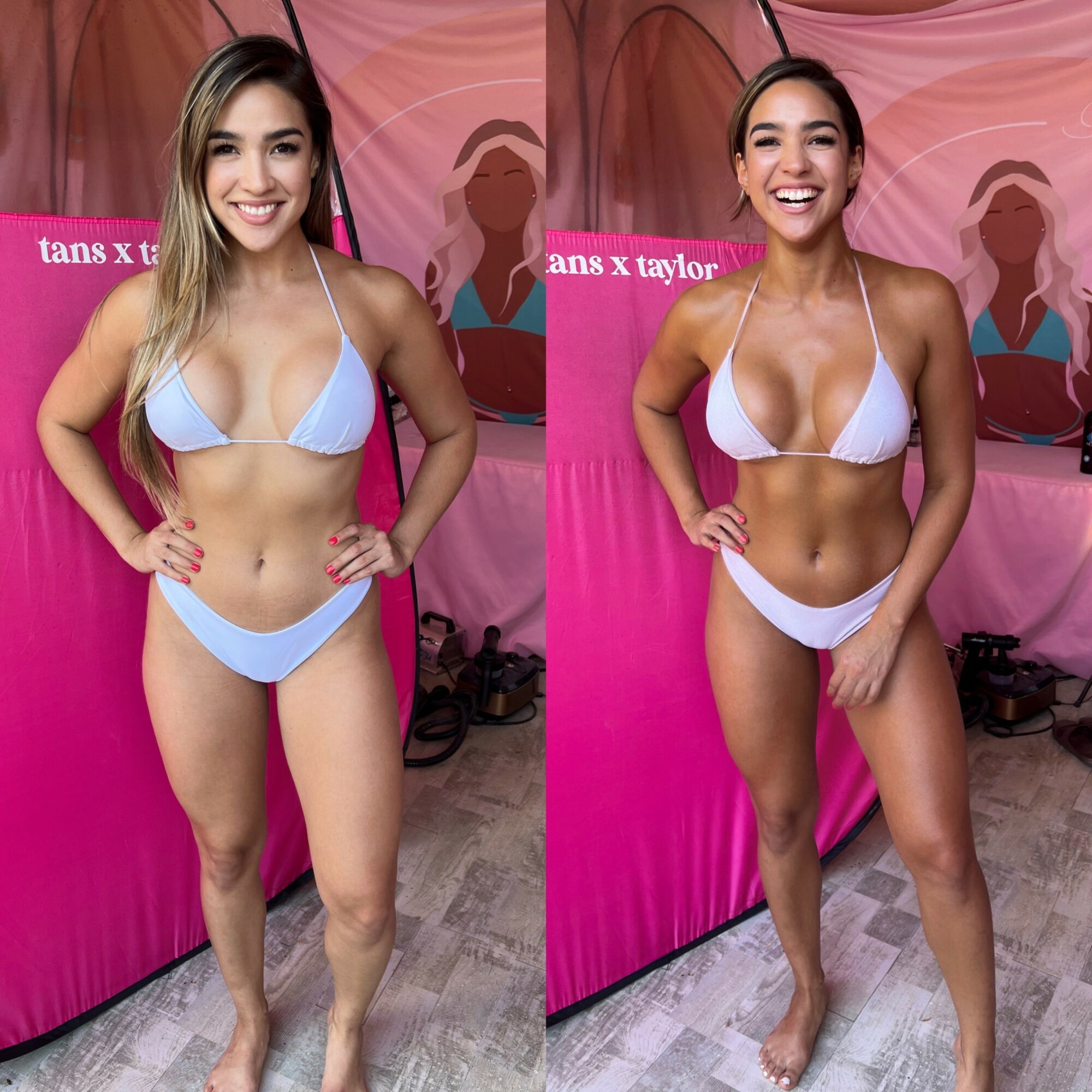 Two women in bikinis smiling, standing in front of a pink backdrop with silhouettes and text, one with hands on hips, the other with hand on thigh.
