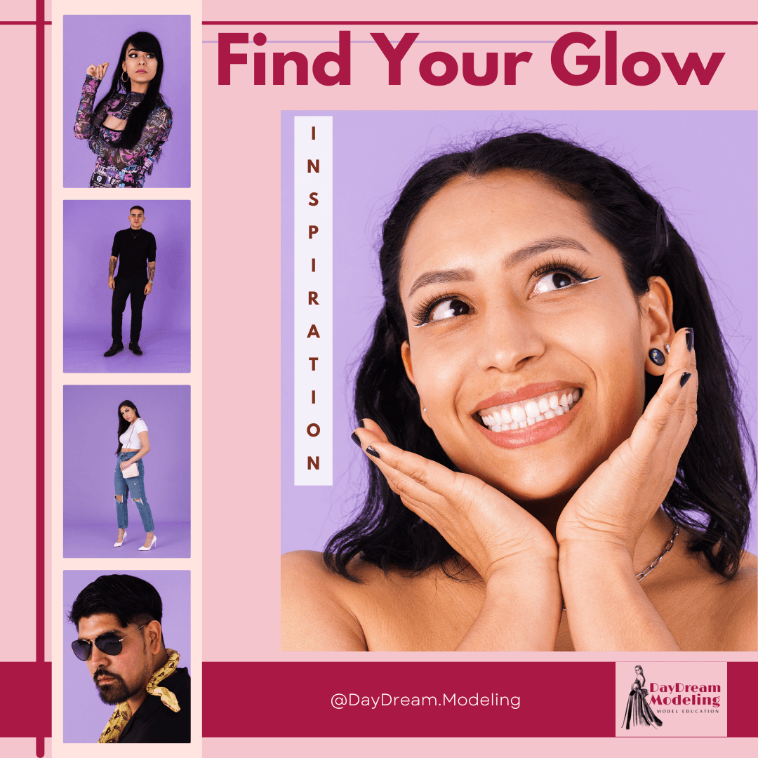 Smiling woman with hands on face, purple background, text 'Find Your Glow' and 'Inspiration', four smaller images on left.