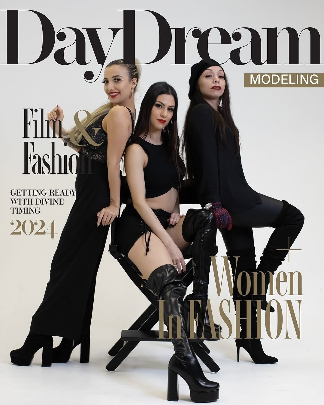 Three women in black outfits pose against a white background, with text about fashion and modeling above them.