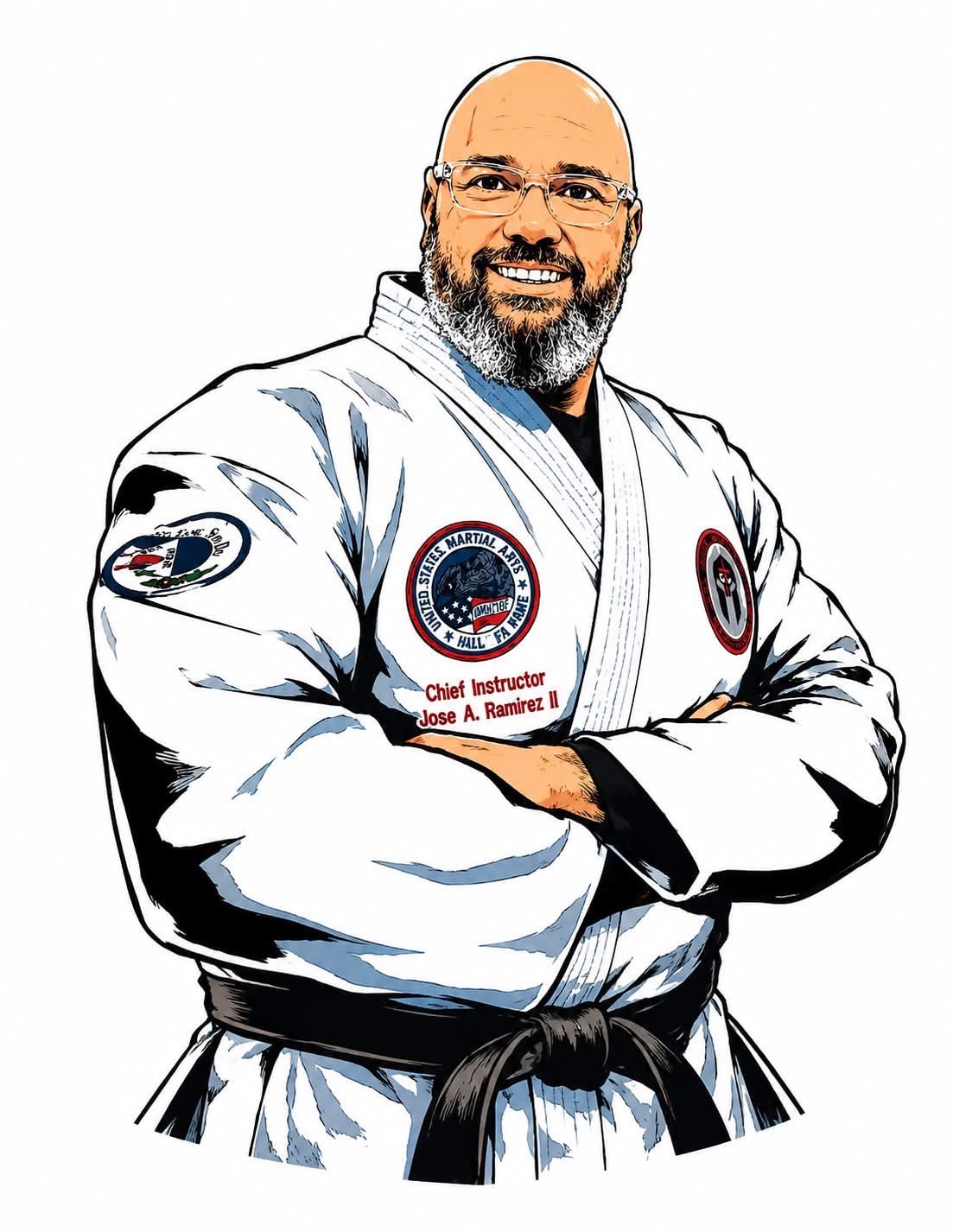 Man in martial arts uniform with patches, smiling, arms crossed, bald with glasses and beard.
