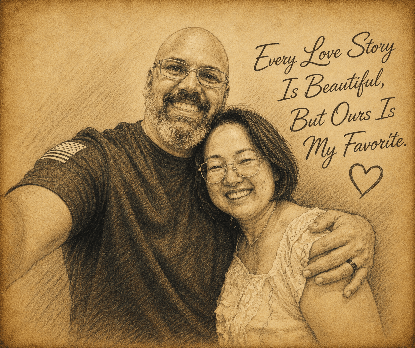 A smiling man and woman pose together, with handwritten text about love and a heart symbol. The background is textured.