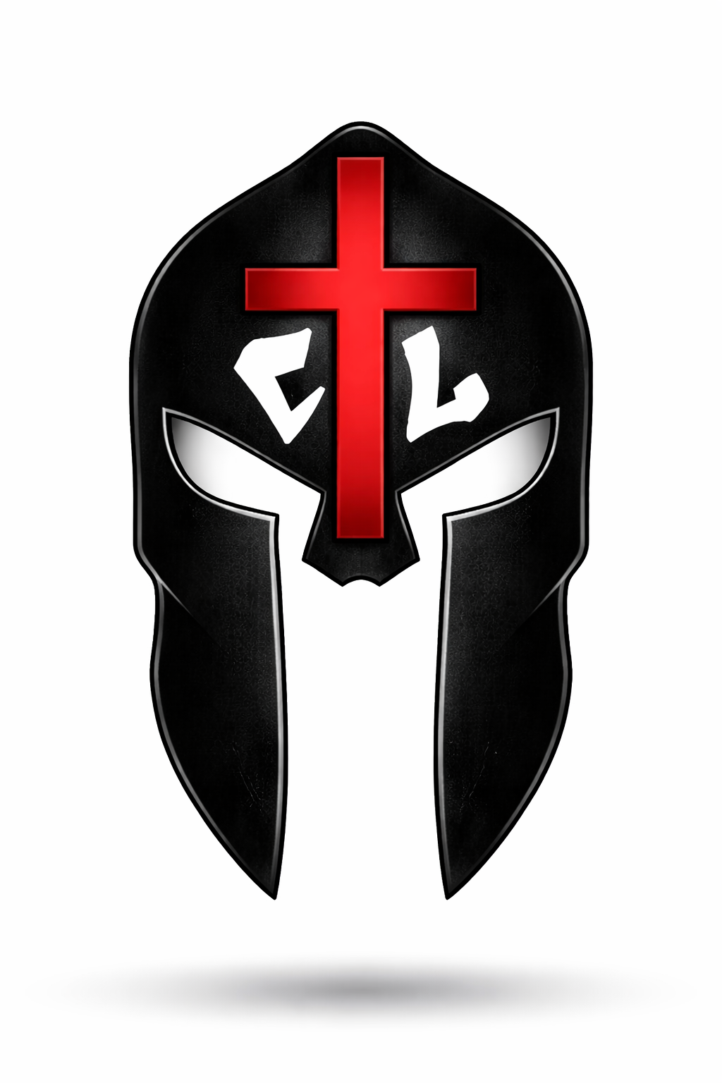 A black helmet with a red cross and white symbols, featuring a face mask design.